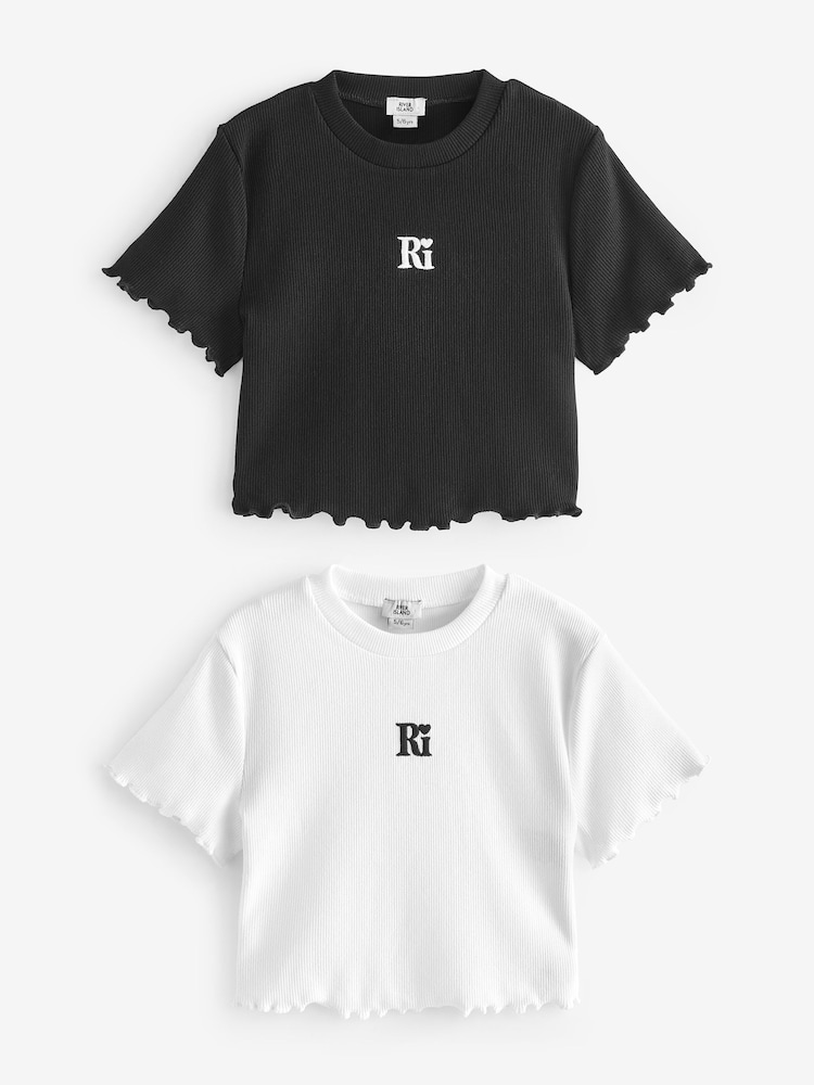 River Island Black Girls Lettuce Hem 100% Cotton T-Shirts 2 Pack - Image 1 of 3