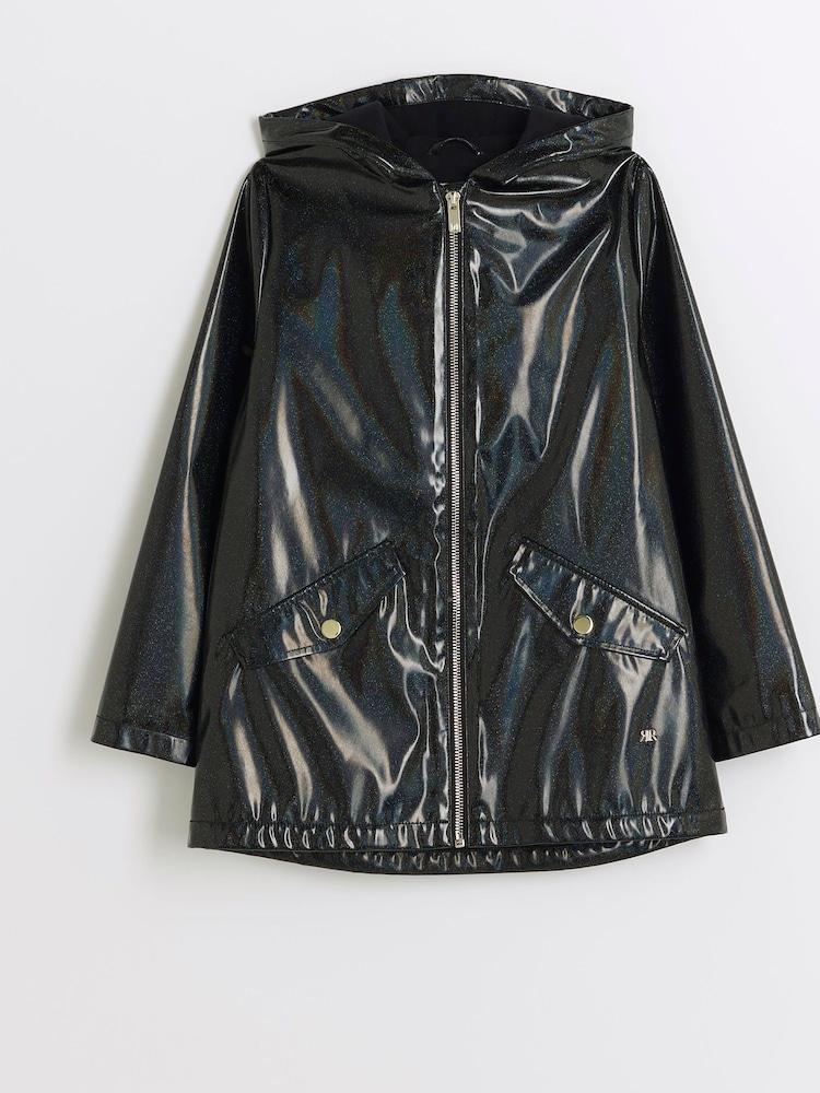River Island Black Girls Glitter Hooded Raincoat - Image 1 of 4 River Island Black Girls Glitter Hooded Raincoat - Image 1 of 4