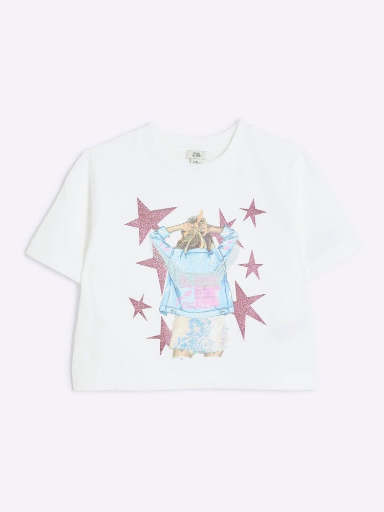 River Island White Graphic Star 100% Cotton T-Shirt - Image 1 of 3 River Island White Graphic Star 100% Cotton T-Shirt - Image 1 of 3