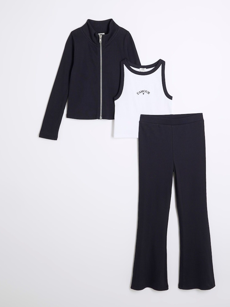 River Island Blue Girls 100% Cotton Top and Kickflare Set 3 Piece - Image 1 of 5 River Island Blue Girls 100% Cotton Top and Kickflare Set 3 Piece - Image 1 of 5