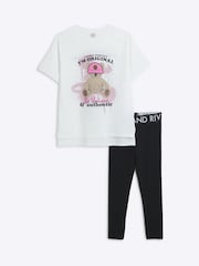 River Island White Girls Bear 100% Cotton T-Shirt and Leggings Set - Image 1 of 4