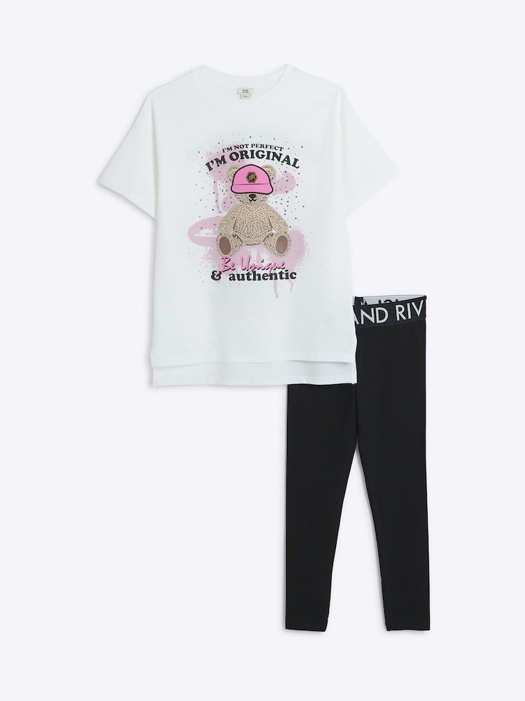 River Island White Girls Bear 100% Cotton T-Shirt and Leggings Set - Image 1 of 4 River Island White Girls Bear 100% Cotton T-Shirt and Leggings Set - Image 1 of 4