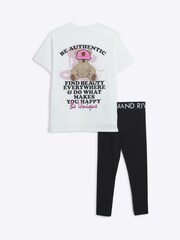 River Island White Girls Bear 100% Cotton T-Shirt and Leggings Set - Image 2 of 4
