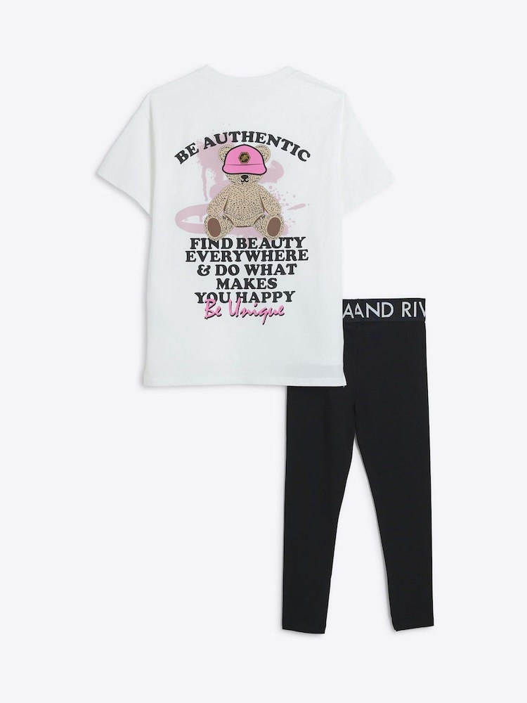 River Island White Girls Bear 100% Cotton T-Shirt and Leggings Set - Image 2 of 4 River Island White Girls Bear 100% Cotton T-Shirt and Leggings Set - Image 2 of 4