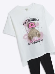 River Island White Girls Bear 100% Cotton T-Shirt and Leggings Set - Image 3 of 4