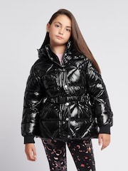 Juicy Couture Black Girls High Shine Belted Mid Length Puffer Coat - Image 1 of 11