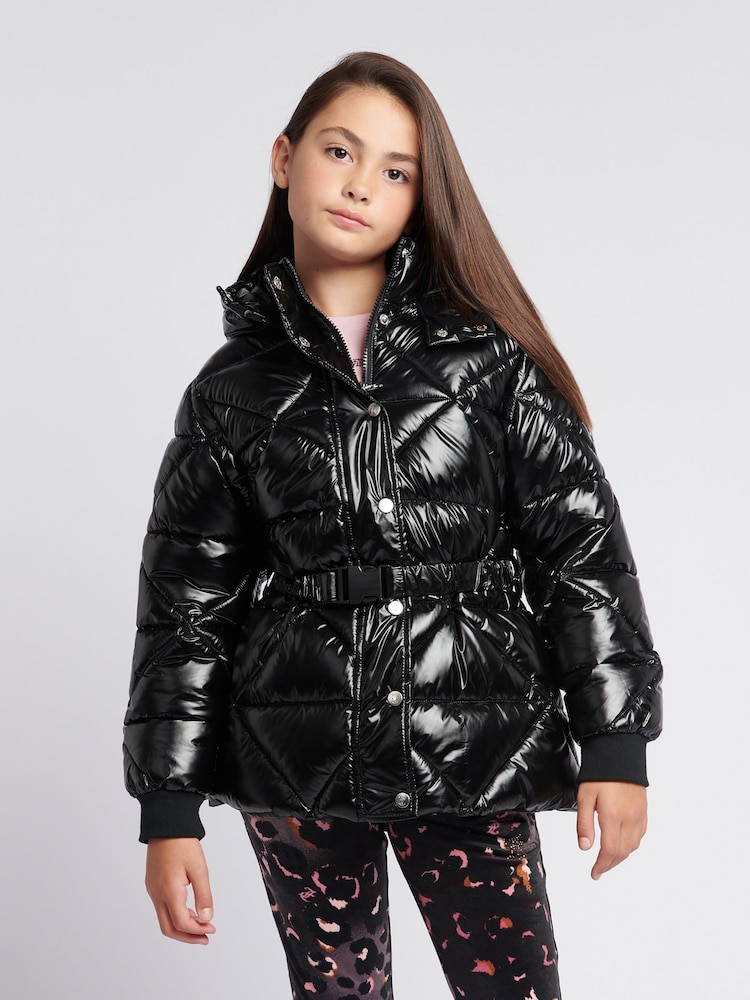 Juicy Couture Black Girls High Shine Belted Mid Length Puffer Coat - Image 1 of 11