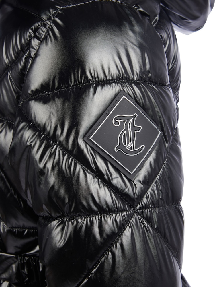 Juicy Couture Black Girls High Shine Belted Mid Length Puffer Coat - Image 11 of 11