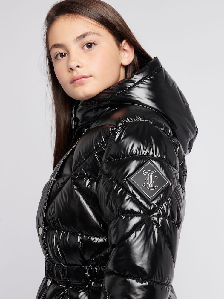 Juicy Couture Black Girls High Shine Belted Mid Length Puffer Coat - Image 2 of 11