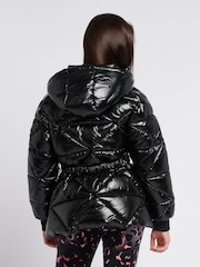 Juicy Couture Black Girls High Shine Belted Mid Length Puffer Coat - Image 3 of 11