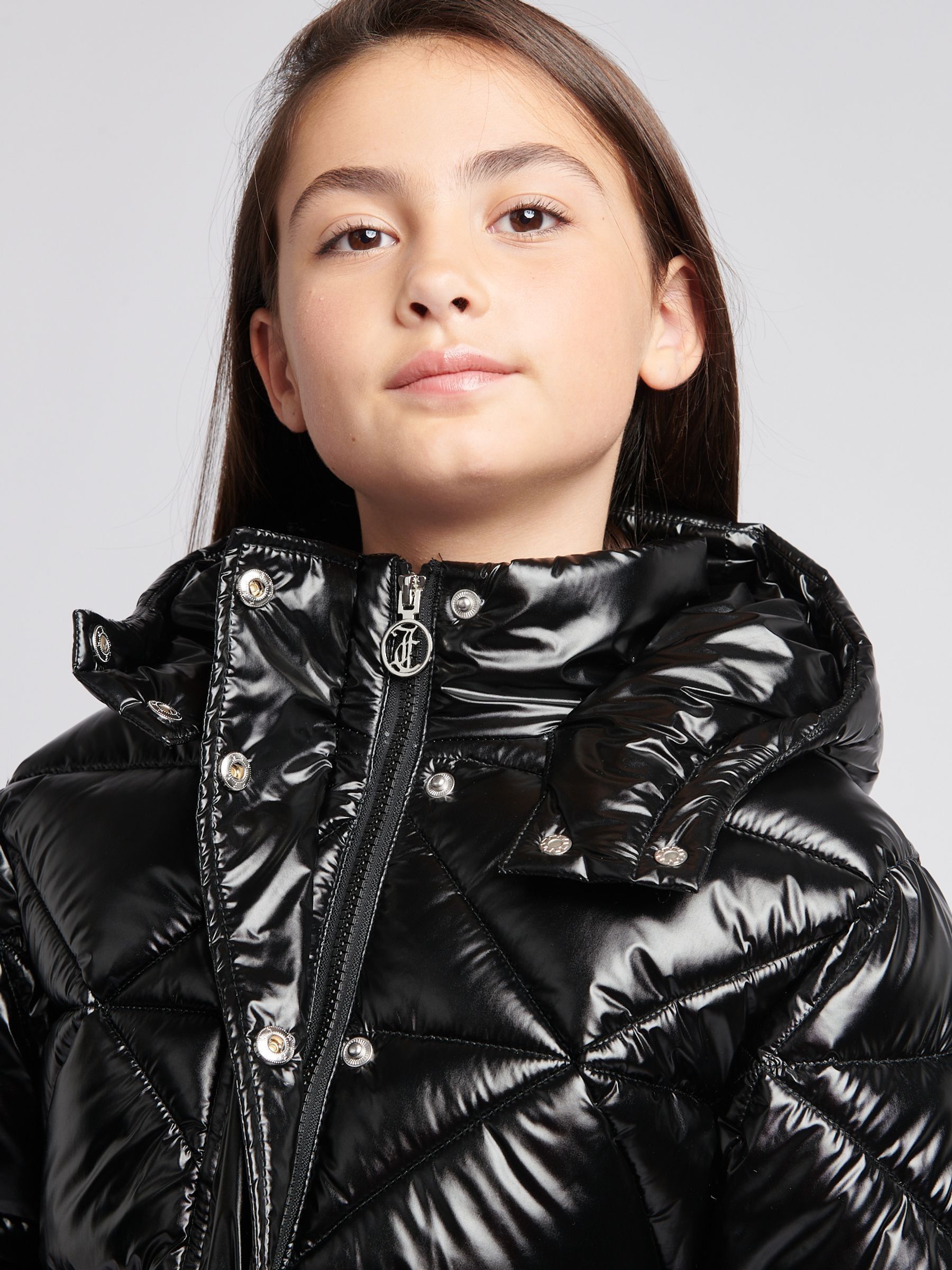 Juicy Couture Black Girls High Shine Belted Mid Length Puffer Coat