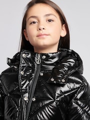 Juicy Couture Black Girls High Shine Belted Mid Length Puffer Coat - Image 6 of 11