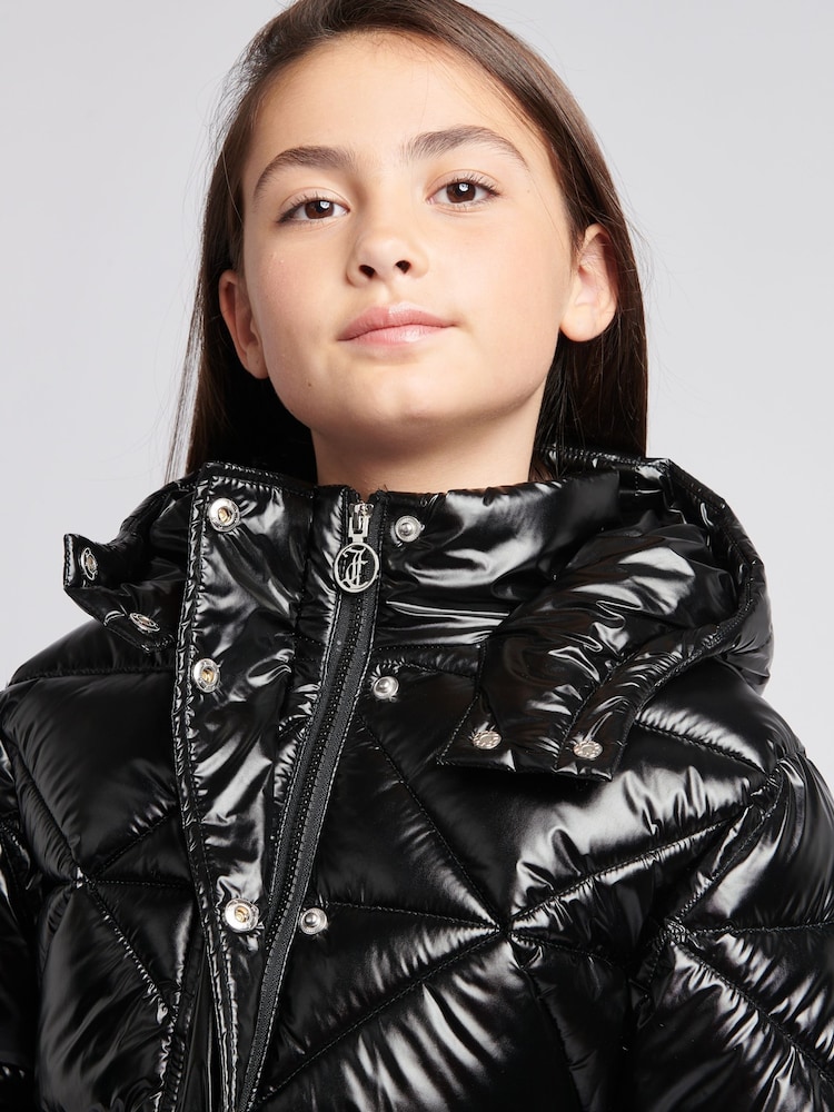 Juicy Couture Black High Shine Belted Mid Length Puffer Coat - Image 6 of 11