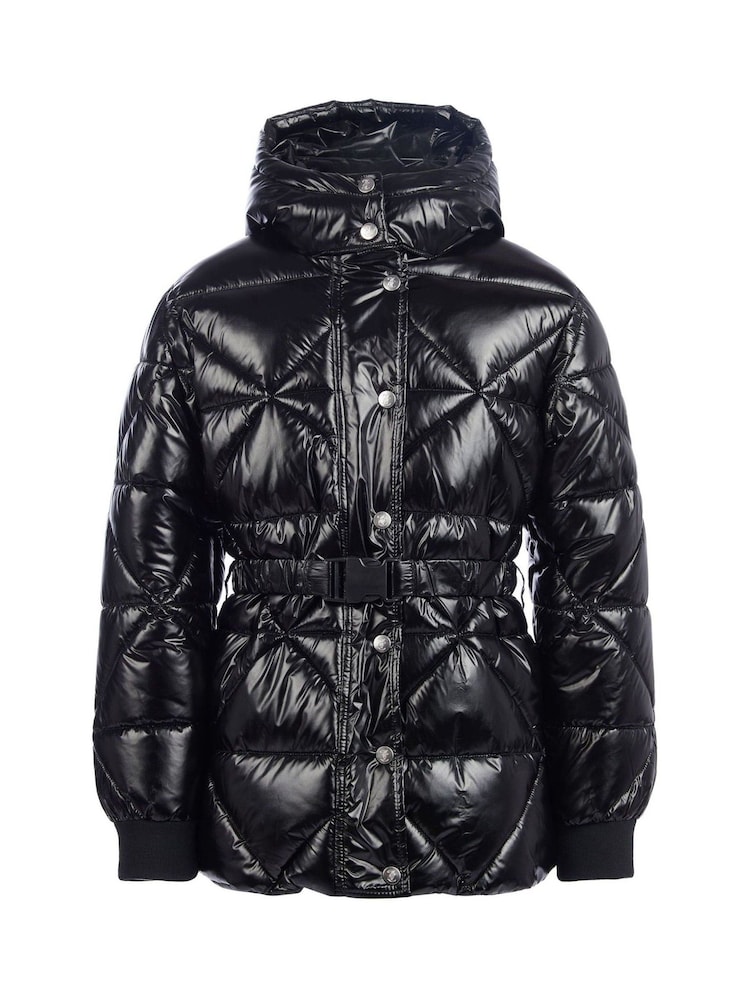 Juicy Couture Black High Shine Belted Mid Length Puffer Coat - Image 7 of 11