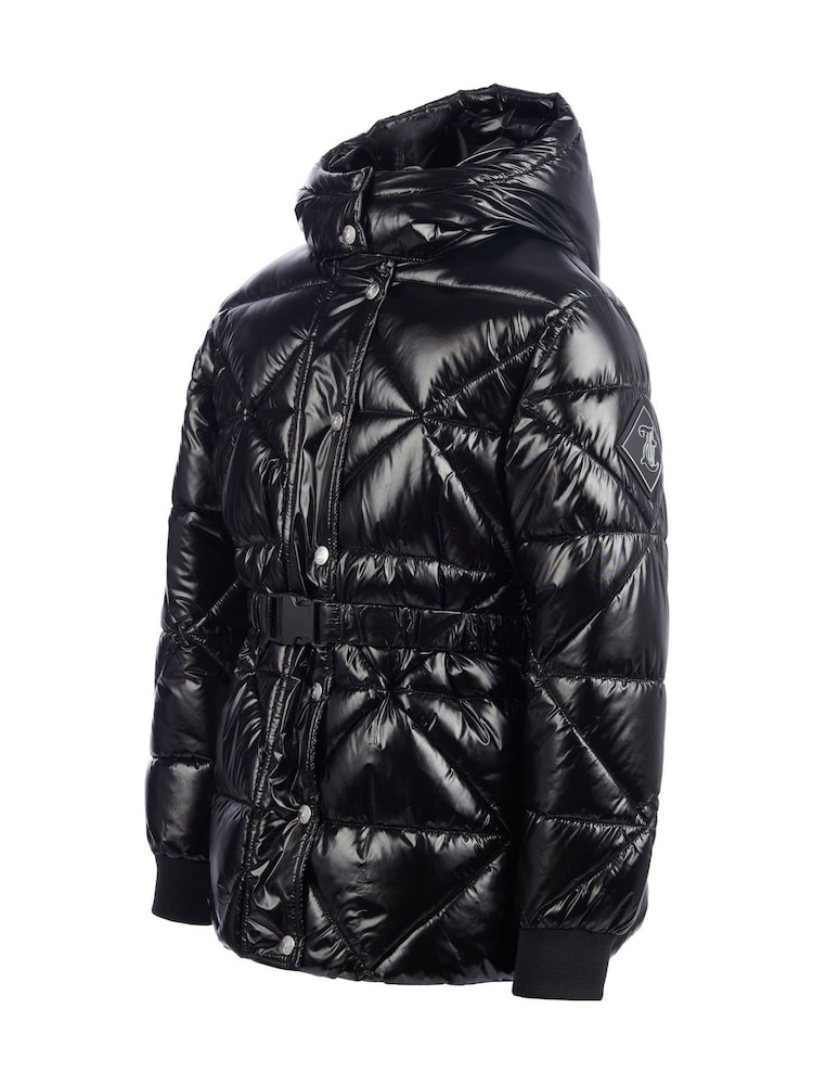 Juicy Couture Black High Shine Belted Mid Length Puffer Coat - Image 9 of 11