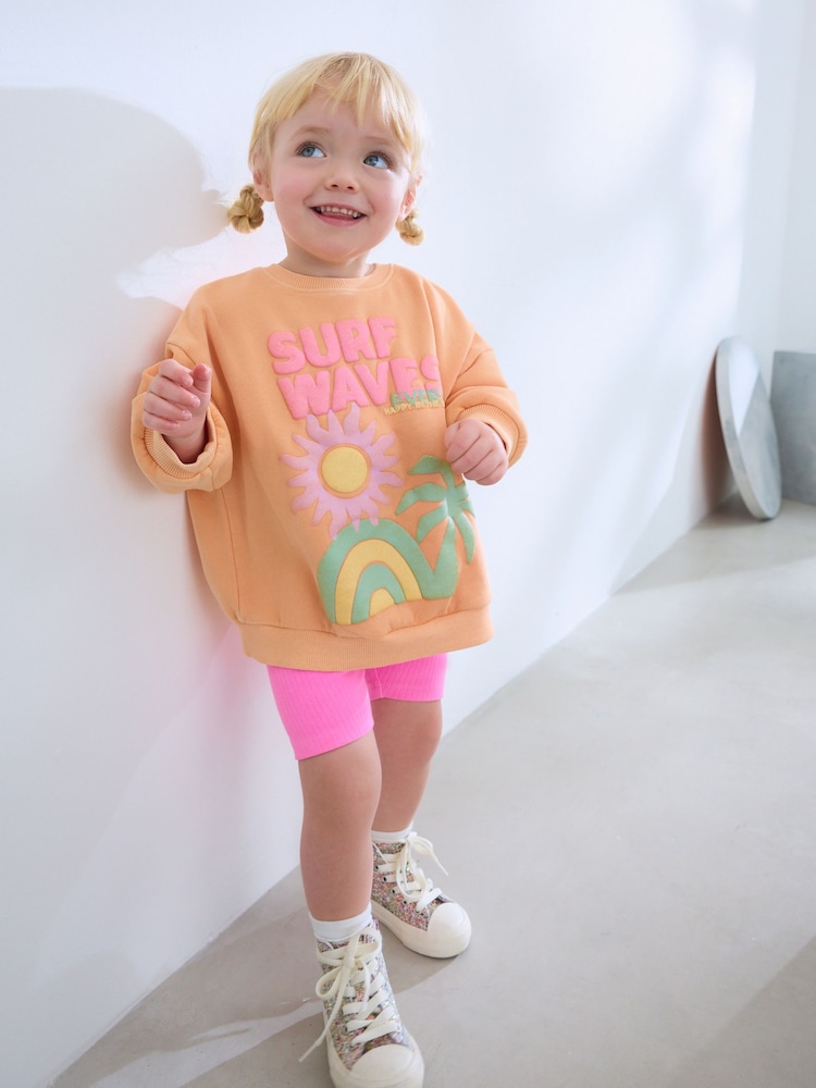 Peach Pink Beach Graphic Crew Sweatshirt & Shorts Set (3mths-7yrs) - Image 1 of 9