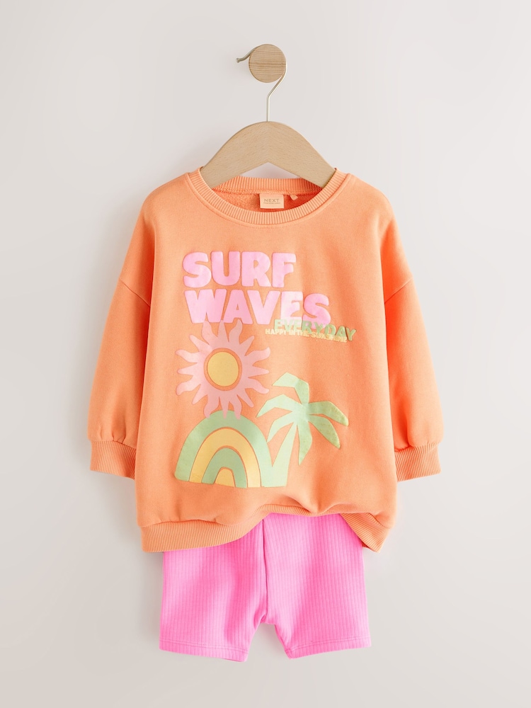 Peach Pink Beach Graphic Crew Sweatshirt & Shorts Set (3mths-7yrs) - Image 5 of 9