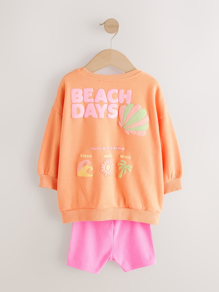 Peach Pink Beach Graphic Crew Sweatshirt & Shorts Set (3mths-7yrs) - Image 6 of 9