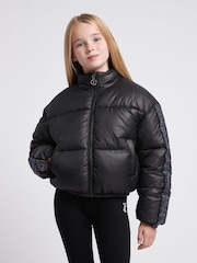 Juicy Couture Black Girls Label Diamante Stripe Puffer Coat - Image 1 of 10