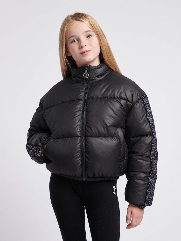 Juicy Couture Black Girls Label Diamante Stripe Puffer Coat - Image 1 of 10