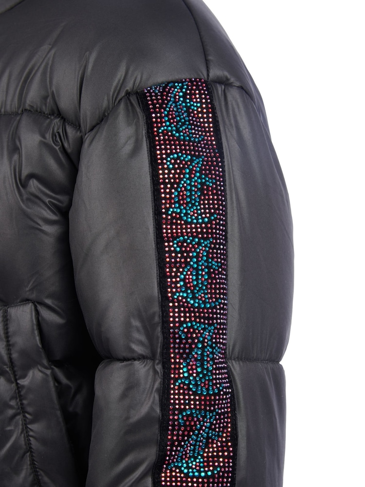 Juicy Couture Black Girls Label Diamante Stripe Puffer Coat - Image 10 of 10