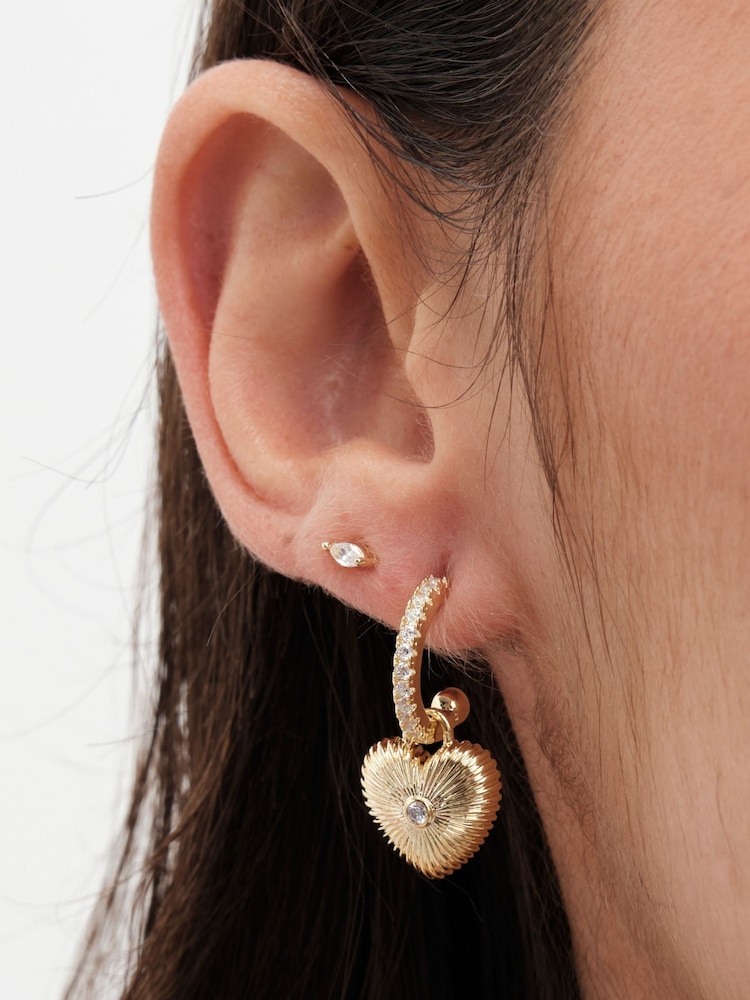 Jon Richard Gold Tone Crystal Ridged Heart Charm Drop Earrings - Image 2 of 3