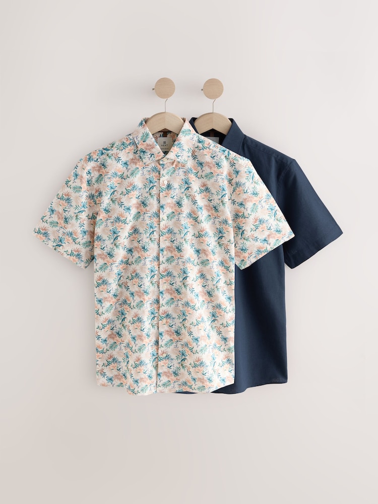 Ecru Hawaiian Print/ Navy - Cotton Blend Short Sleeve Shirts 2 Pack - Imagem 1 de 5