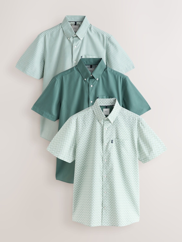 Green Print/Plains Regular Fit Easy Iron Oxford Shirts 3 Pack - Image 1 of 9