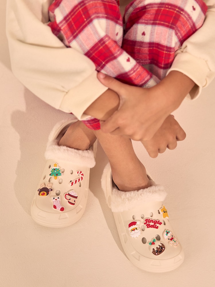 White Badge Faux Fur Lined Christmas Clog Slippers - Image 1 of 8