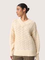 Soaked in Luxury Slmusling V-Neck Pointelle Knit Pullover White Jumper - Image 1 of 6