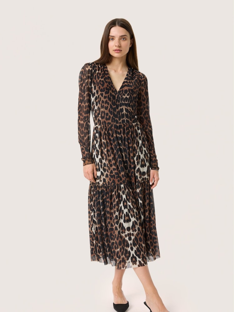 Soaked in Luxury SLValdora Leopard Print Long Sleeves Wrap Brown Dress - Image 1 of 6