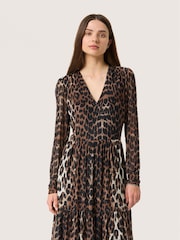 Soaked in Luxury SLValdora Leopard Print Long Sleeves Wrap Brown Dress - Image 3 of 6