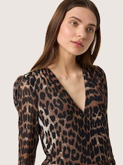 Soaked in Luxury SLValdora Leopard Print Long Sleeves Wrap Brown Dress - Image 4 of 6