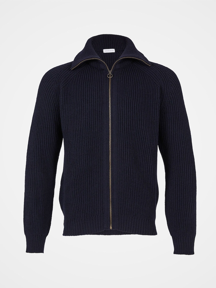 Celtic & Co. Mens Blue Ribbed Zip Cardigan - Image 1 of 3 Celtic & Co. Mens Blue Ribbed Zip Cardigan - Image 1 of 3