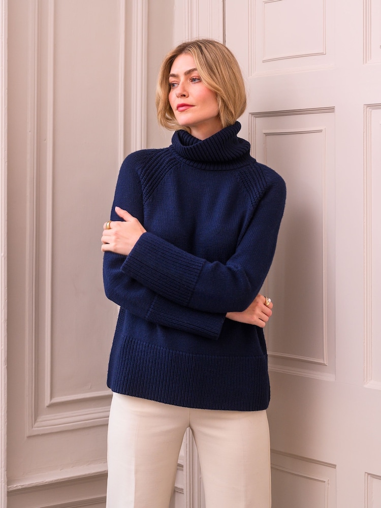 Celtic & Co. Blue Merino Ribbed Detail Roll Neck Jumper - Image 1 of 6