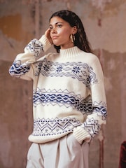 Celtic & Co. Cream Fairisle Pattern Stripe Funnel Neck Jumper - Image 1 of 7