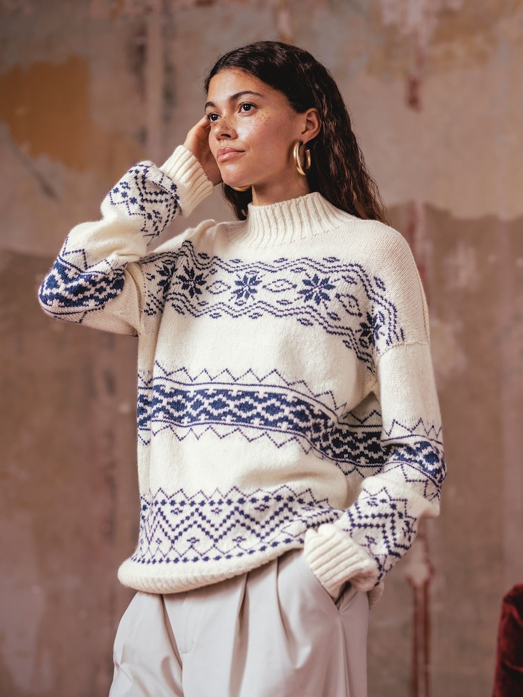 Celtic & Co. Cream Fairisle Pattern Stripe Funnel Neck Jumper - Image 1 of 7