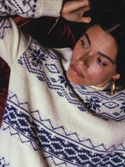Celtic & Co. Cream Fairisle Pattern Stripe Funnel Neck Jumper - Image 2 of 7