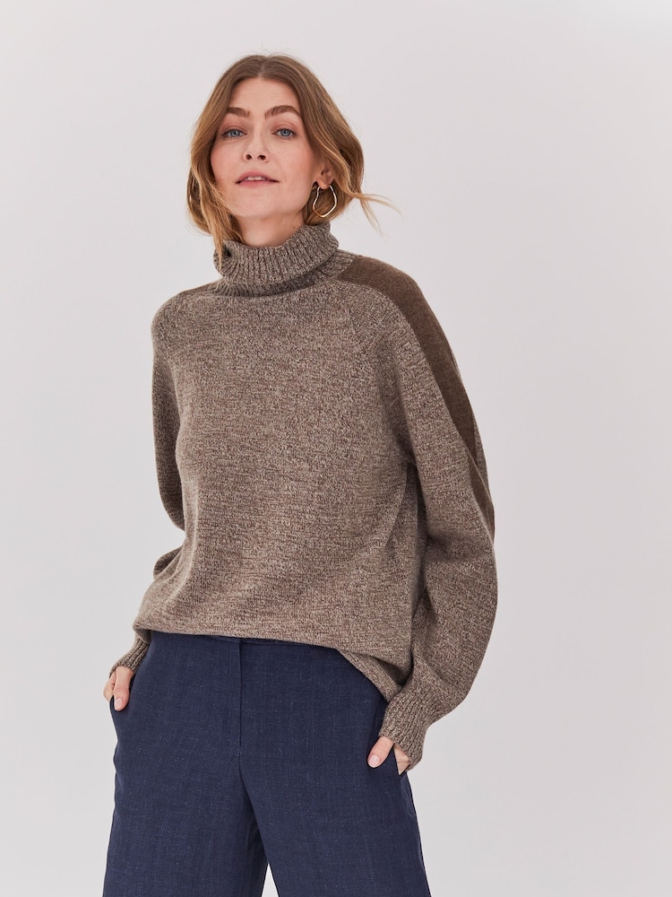 Celtic & Co. Merino Contrast Stripe Roll Neck Brown Jumper - Image 1 of 8 Celtic & Co. Merino Contrast Stripe Roll Neck Brown Jumper - Image 1 of 8