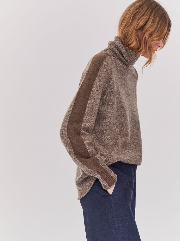 Celtic & Co. Merino Contrast Stripe Roll Neck Brown Jumper - Image 2 of 8 Celtic & Co. Merino Contrast Stripe Roll Neck Brown Jumper - Image 2 of 8