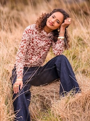 Celtic & Co. Red Printed Cowl Neck Jersey 100% Cotton Top - Image 1 of 6
