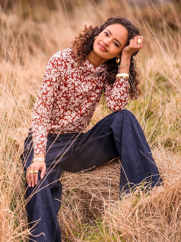 Celtic & Co. Red Printed Cowl Neck Jersey 100% Cotton Top - Image 1 of 6