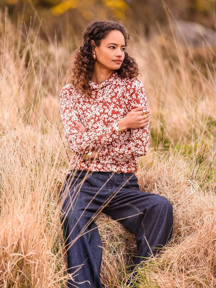 Celtic & Co. Red Printed Cowl Neck Jersey 100% Cotton Top - Image 2 of 6
