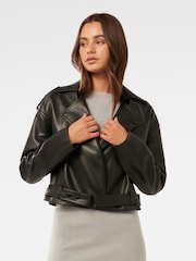 Forever New Black Lorri Vegan Leather Cropped Trench Jacket - Image 1 of 5