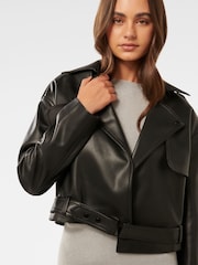 Forever New Black Lorri Vegan Leather Cropped Trench Jacket - Image 3 of 5