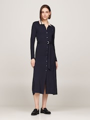 Tommy Hilfiger Blue Detail Belted Long Sleeved Polo Dress - Image 1 of 5