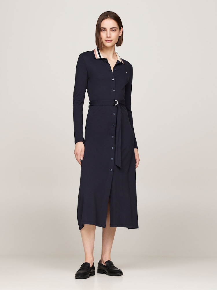 Tommy Hilfiger Blue Detail Belted Long Sleeved Polo Dress - Image 1 of 5