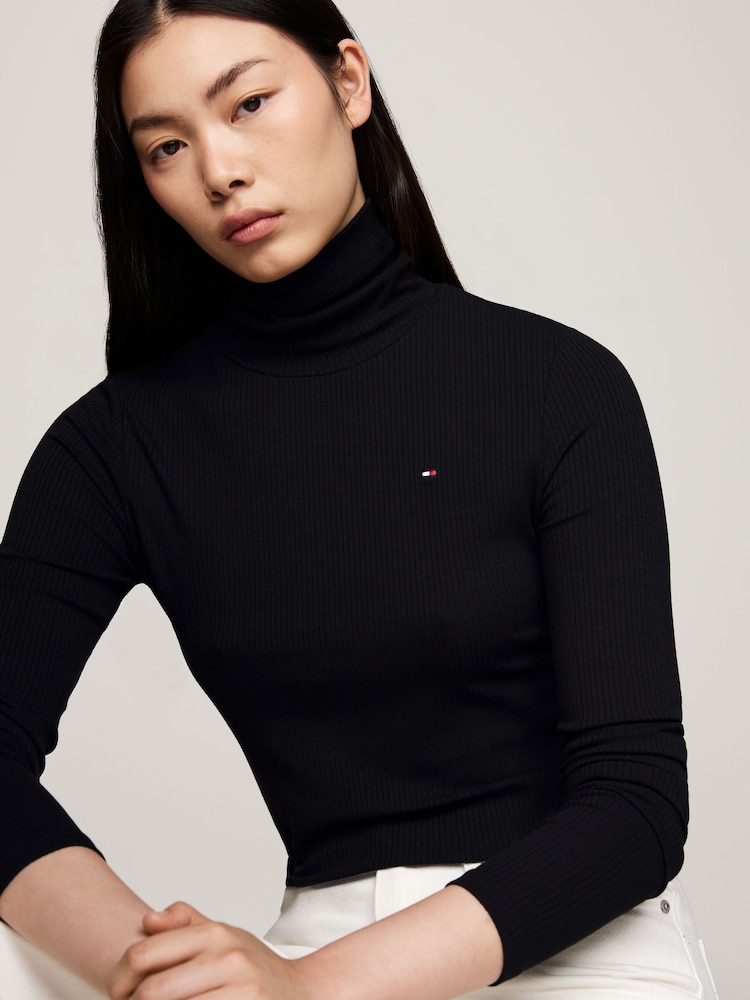Tommy Hilfiger Slim Fit 5x2 Rib Roll Neck Long Sleeved Black T-Shirt - Image 2 of 6 Tommy Hilfiger Slim Fit 5x2 Rib Roll Neck Long Sleeved Black T-Shirt - Image 2 of 6