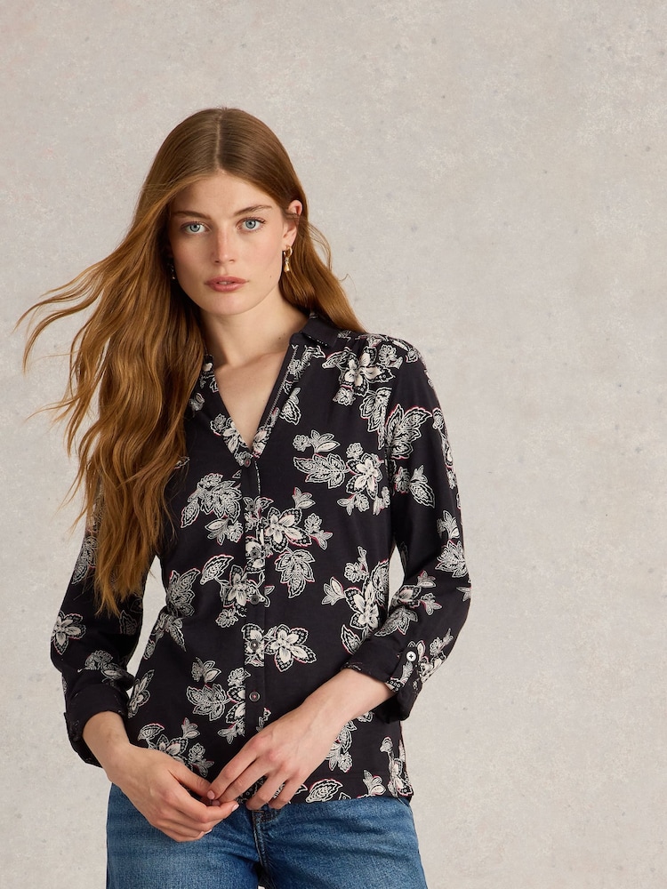 White Stuff Black Annie Jersey 100% Cotton Shirt - Image 1 of 6