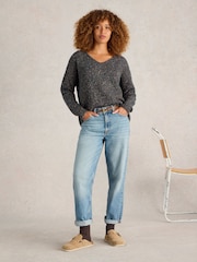 White Stuff Green Textured V-Neck Jumper - Image 1 of 6